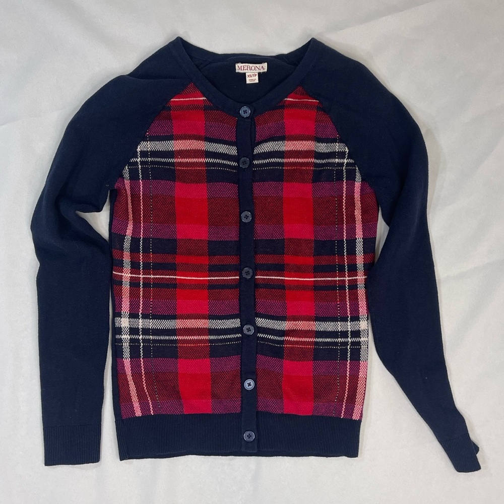 Merona Navy & Red Plaid Button Up Cardigan